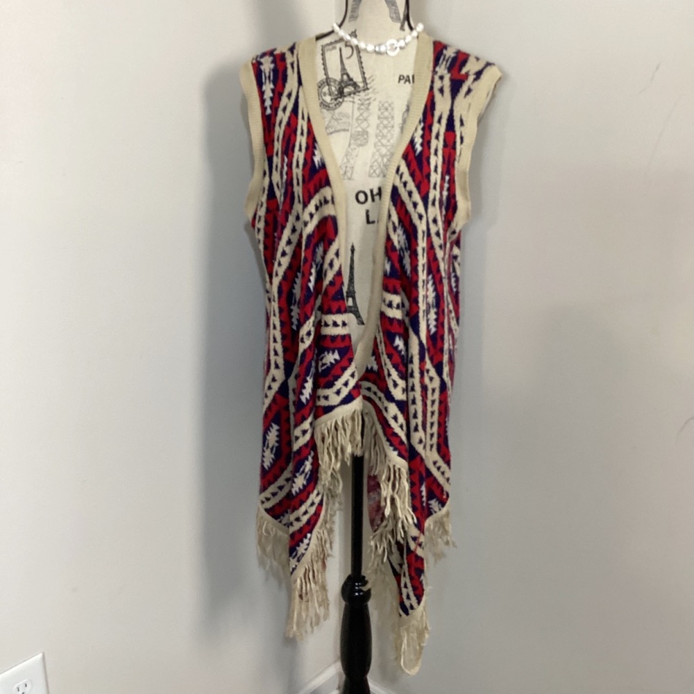 Rue21 Women’s Beige Red Navyblue Bohemian Open Cardigan with Fringes Aztec Print
